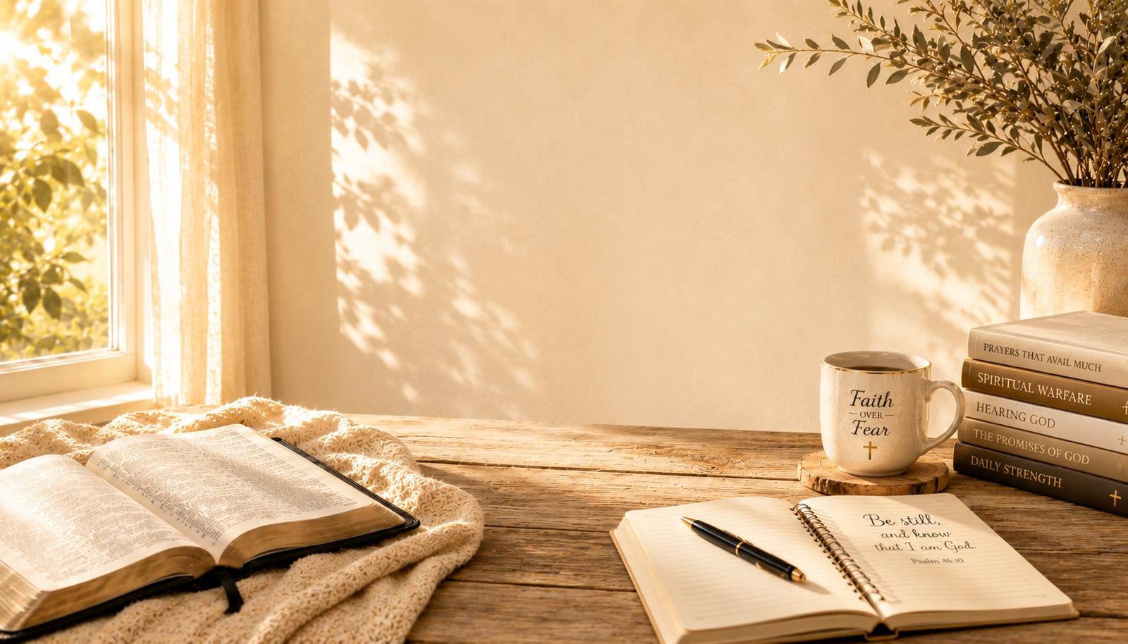 A stack of books, an open Bible and a journal in warm morning light