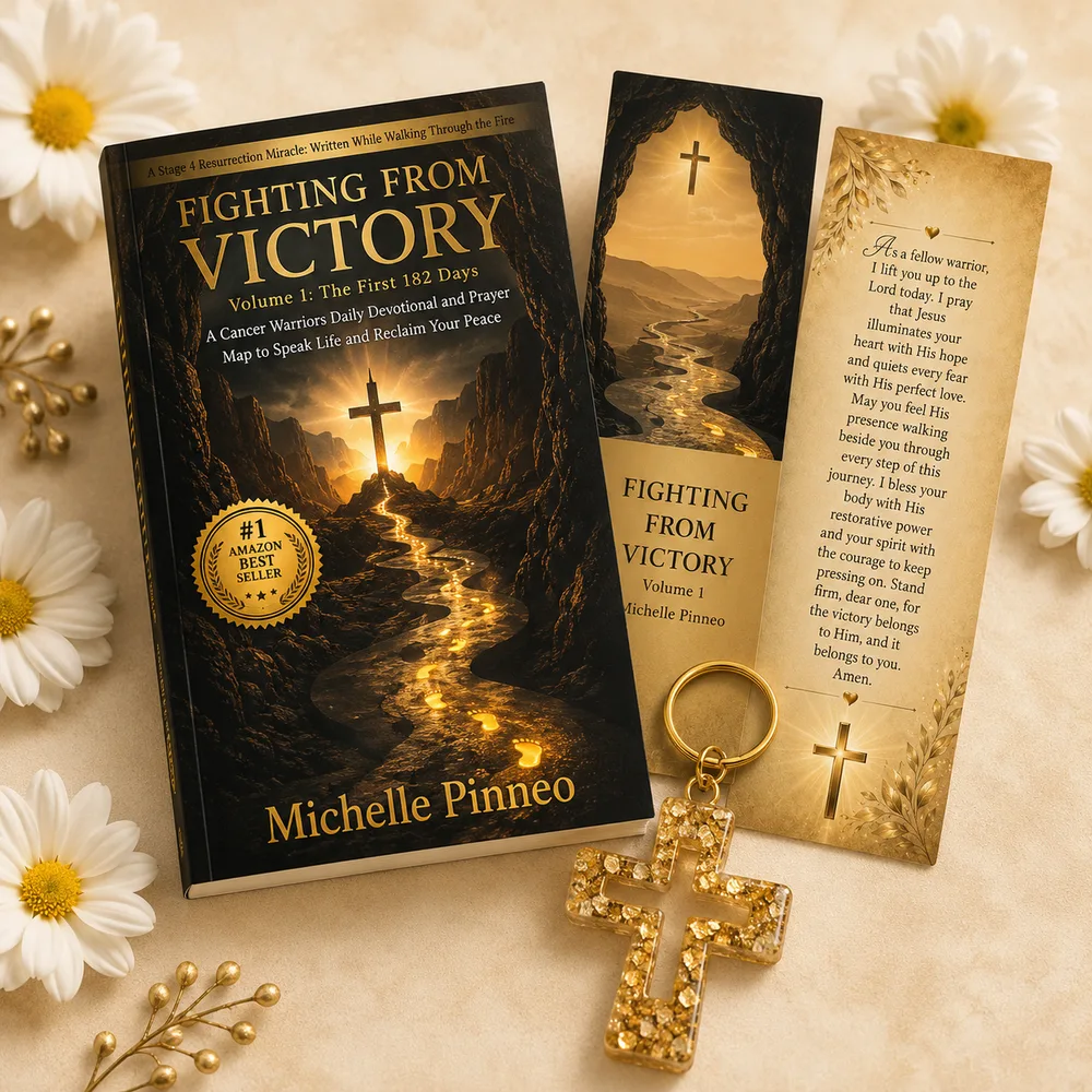 A signed copy of Fighting From Victory with the prayer bookmark and keepsake cross