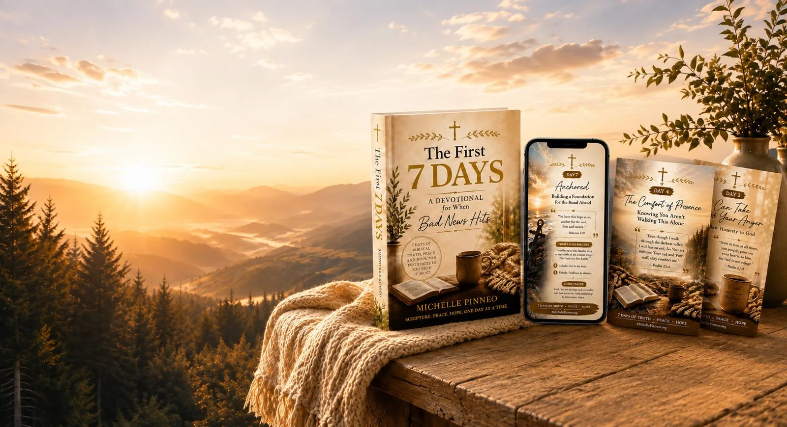 The First 7 Days devotional, a phone showing a daily lock screen and three encouragement cards, on a wooden table at sunrise